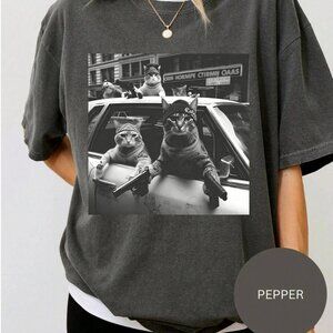 NWOT Cat Gang Washed Vintage Gray Heavyweight Graphic T Shirt Men Women Unisex L